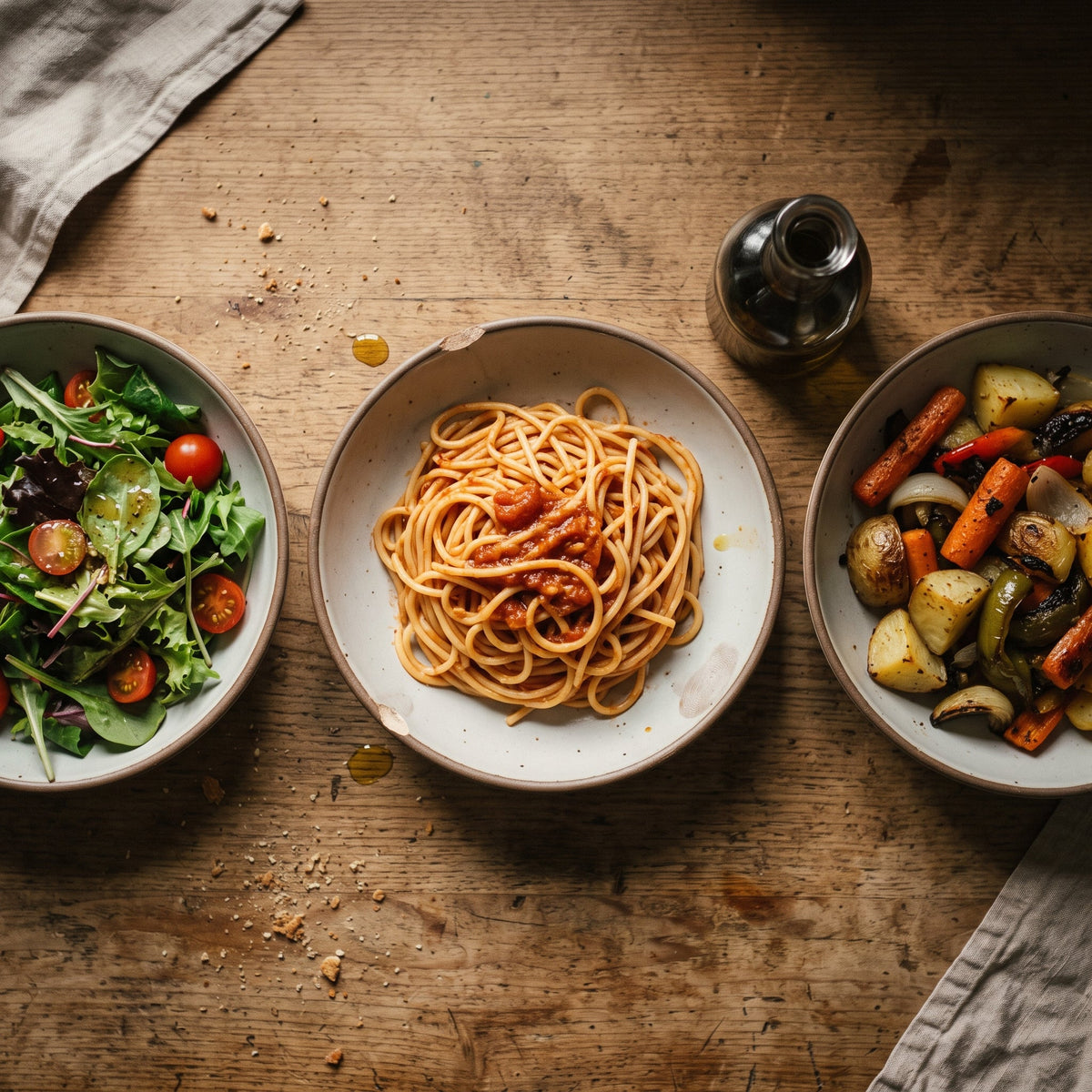 Öl wird über einen Teller Pasta mit Kräutern geträufelt