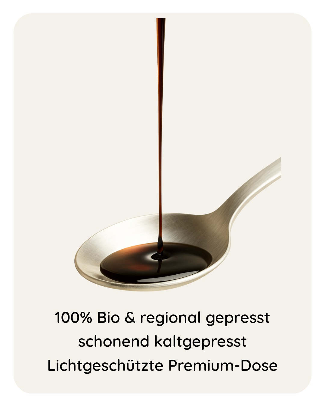 Bio Schwarzkümmelöl tropft auf Löffel – 100 % Bio, kaltgepresst, lichtgeschützte Premium-Dose