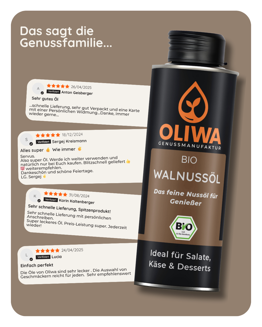 Kundenbewertungen zum OLIWA Bio Walnussöl – positives Feedback zu Geschmack, Qualität und Lieferung
