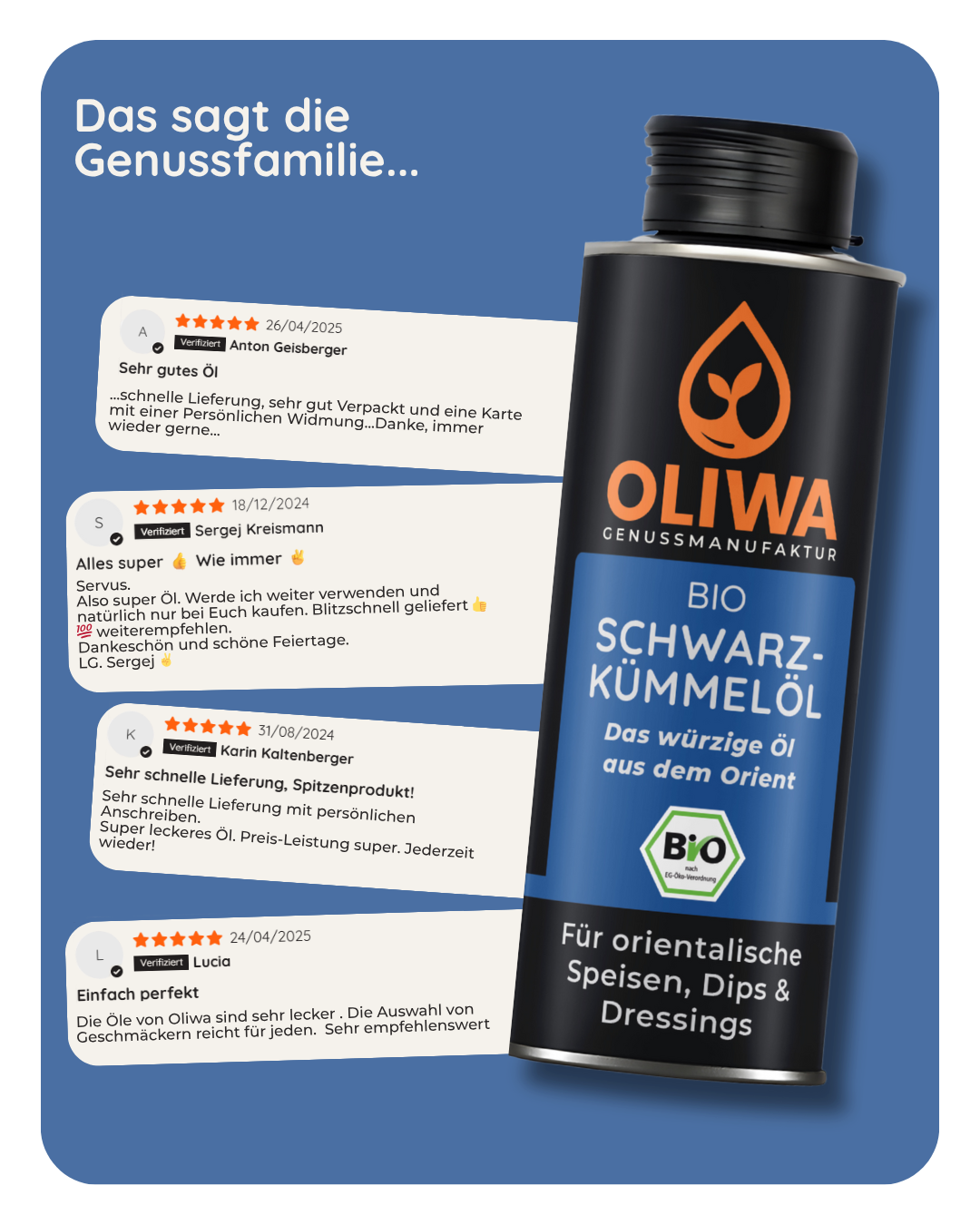 Kundenbewertungen zum OLIWA Bio Schwarzkümmelöl – positives Feedback zu Geschmack, Lieferung und Qualität