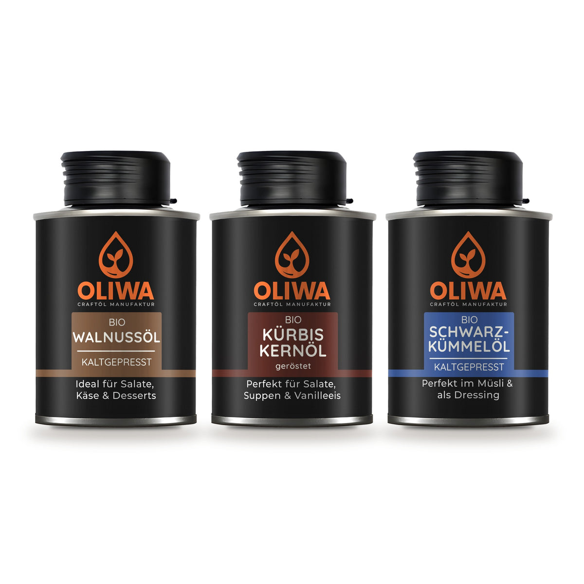 OLIWA Raw-Entdeckerset: Walnussöl, Kürbiskernöl geröstet und Schwarzkümmelöl je 100 ml
