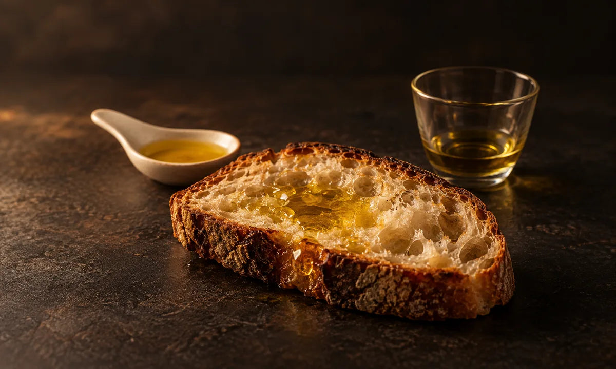 Brotscheibe mit goldenem Öl – die Brotprobe